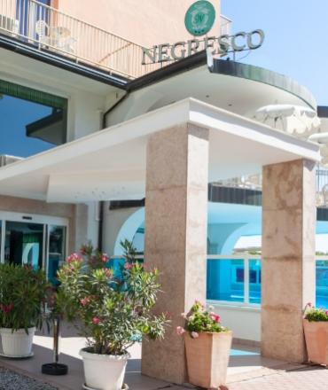 Ingresso di un hotel con piante e piscina, insegna 'Negresco' visibile.
